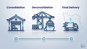 نمای مراحل حمل LCL از چین به دبی و ایران شامل Consolidation در چین، Deconsolidation در جبلعلی و Final Delivery در ایران